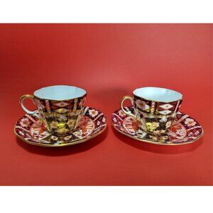 Vintage Royal Crown Derby Imari Tea Cups & Saucers- Scalloped Rim 1927 & 1934